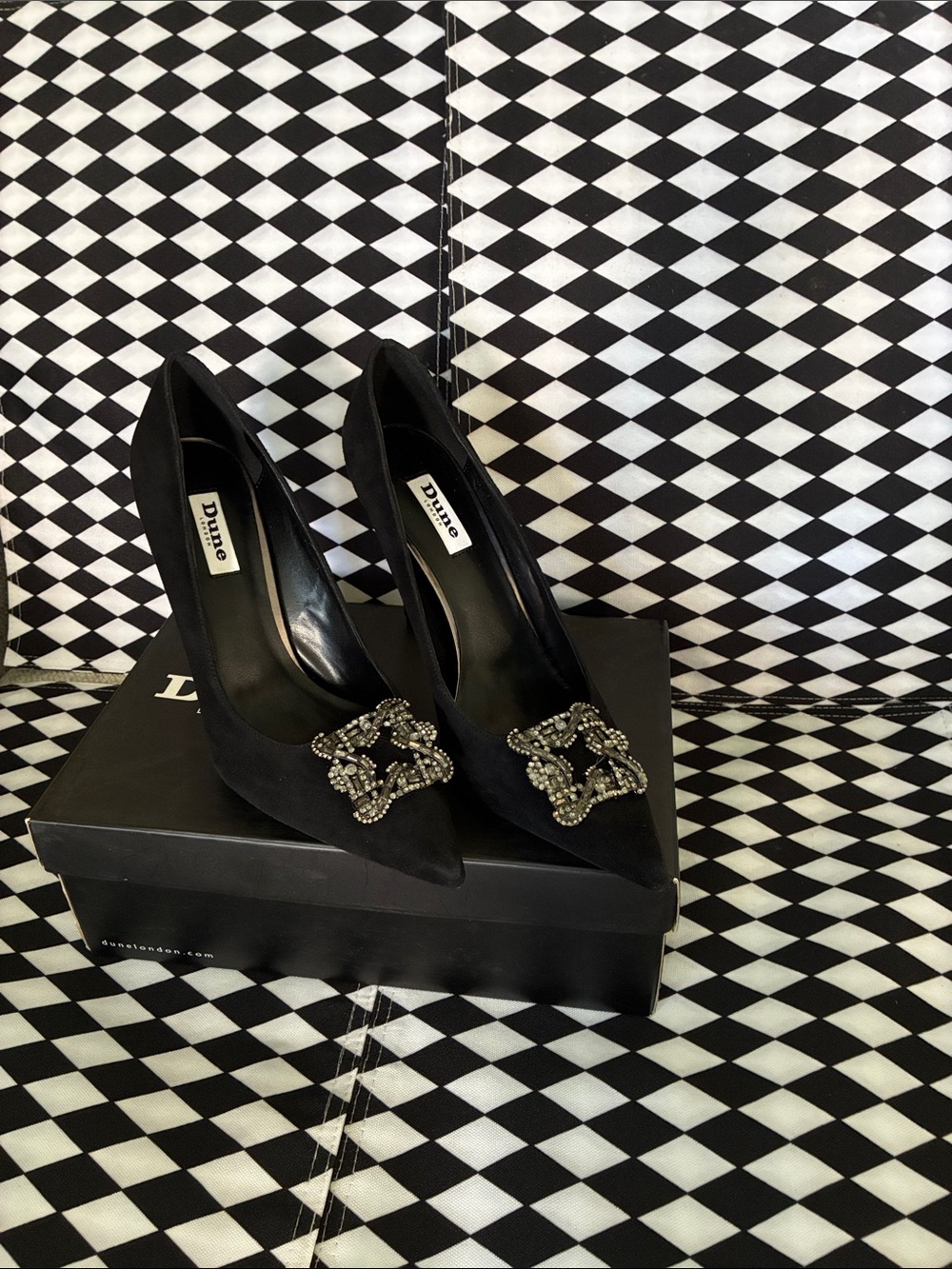 Dune London Black Suede Pointed Heels with Crystal-Embellished Buckle